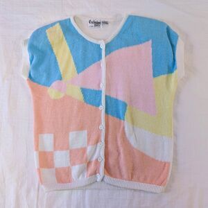 Exclusive Imports Vintage Pastel Geometric Pattern Shoulder Pad Sweater Vest